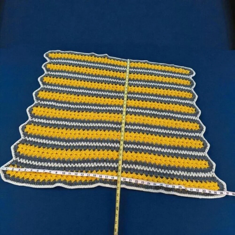 Crochet Afghan Baby Blanket Yellow Grey Stripes Approx 37